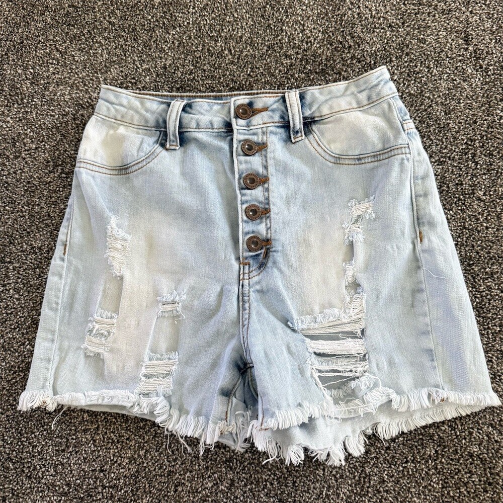 KanCan Aphrodite Womens Jean Shorts M 28 Light Wash Distressed Frayed Hem